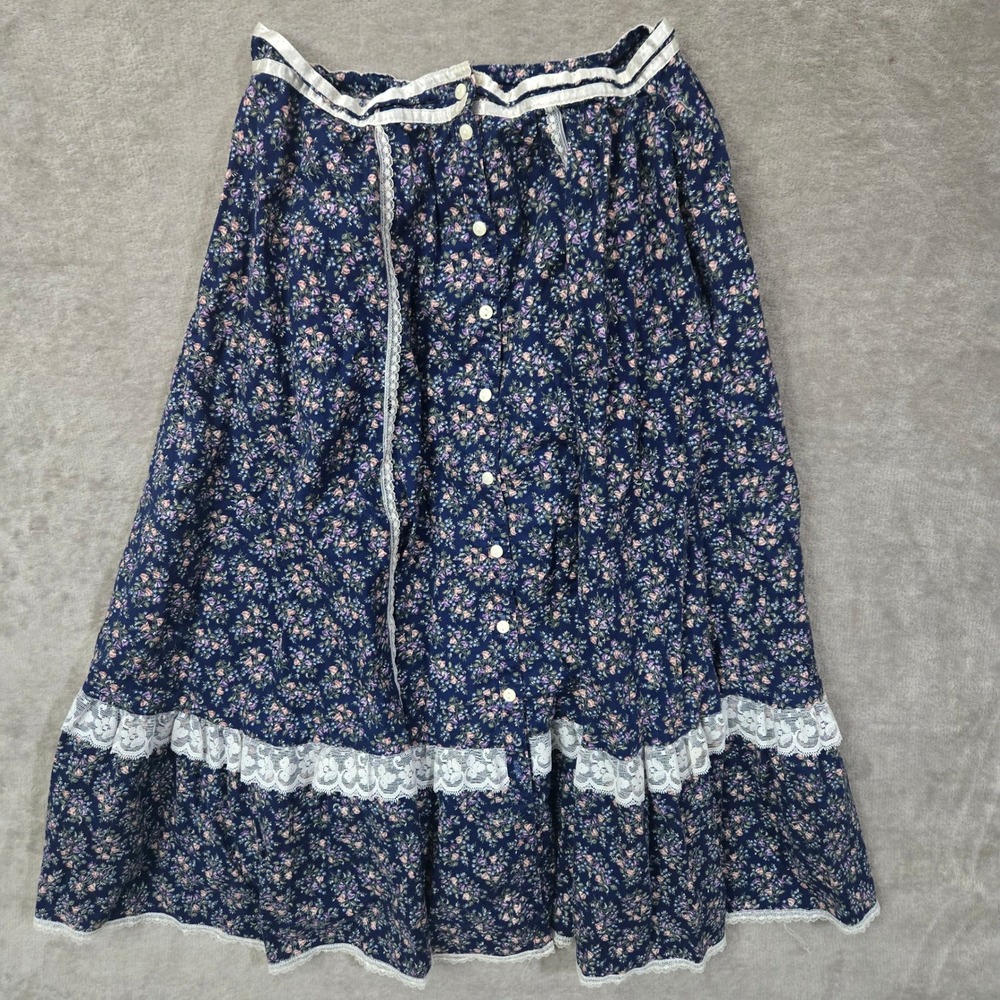 Vtg Gunne Sax Skirt Blue Floral Lace Cottagecore Prairie Victorian Milkmaid Folk